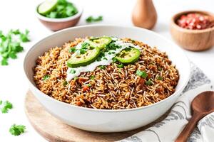 Close-up of a bowl of rice with avocado and cilantro photo