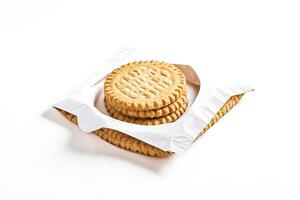 Stack of Cookies in Foil Package Isolated on White Background photo