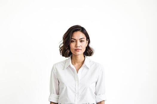 retrato de una mujer con una camisa blanca foto
