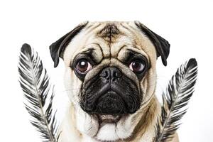 Close Up Of A Pug With Feathers On Either Side Of Its Face photo