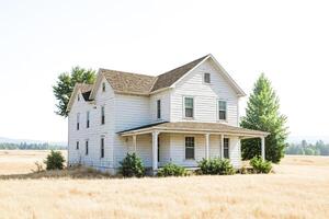 Rustic White Farmhouse in a Field of Wheat photo