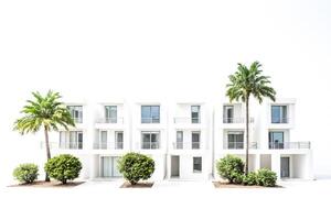 White Minimalist Building with Palm Trees and Greenery photo