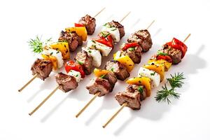 Grilled Skewers with Bell Peppers, Mozzarella, and Meat photo