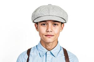 Portrait of a young man with a serious expression wearing a newsboy cap photo