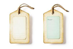 Vintage Paper Tags with Jute String Isolated on White Background photo