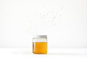 Glass Jar Filled with Honey and Exploding with Honeycomb Shards photo