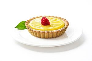 Lemon Tart with Raspberry on White Plate photo