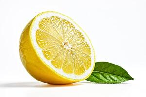 Fresh Lemon Slice with Green Leaf on White Background photo