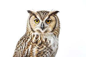 Close-up of a Eurasian Eagle-Owl's face with bright yellow eyes photo