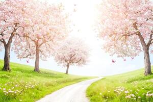 Springtime Path Through Cherry Blossoms and Butterflies photo