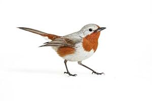 Close-up of a cute little bird with orange breast, standing on a white background photo