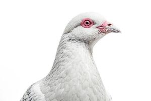 Close-up of a white dove with red eyes isolated on white background photo