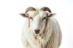Closeup of a white sheep with horns looking at the camera photo