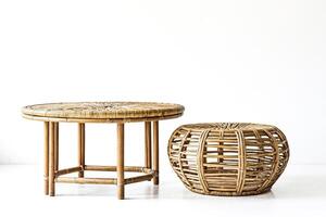 Round Rattan Table and Stool Set on White Background photo