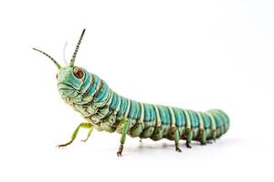 Green and Blue Caterpillar on White Background photo