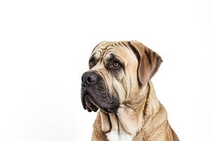 Close-up portrait of a brown and white dog looking to the side photo