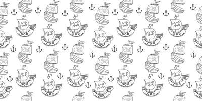 Pirate outline ship seamless pattern in flat design vector