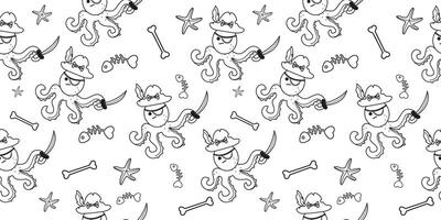 Octopus outline pirate character seamless pattern in flat design vector