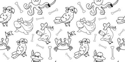 Seamless pattern outline characters pirate octopus parrot shark crab skull vector