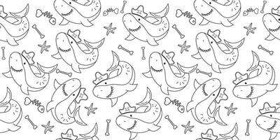 Shark outline pirate character seamless pattern in flat design vector