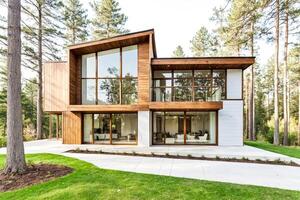 Modern House with Large Windows and Wood Siding photo