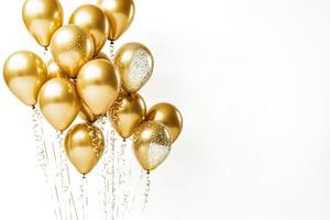 Golden Balloons with Ribbons on White Background photo