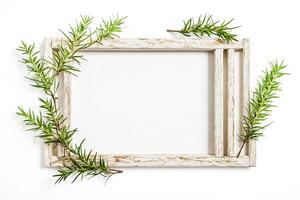 Whitewashed Rustic Wooden Frame With Green Greenery photo