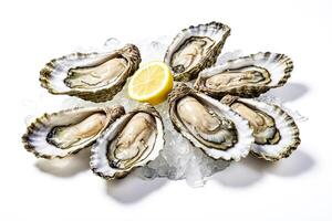 Fresh Oysters on Ice with Lemon Wedge photo