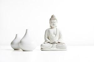 White Buddha Statue and Vases on White Background photo