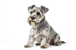 Miniature Schnauzer Dog Sitting on a White Background photo