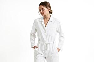 Woman in white jumpsuit with hands in pockets photo