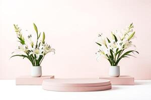 Minimalist Product Display with White Lilies and Pink Platforms photo