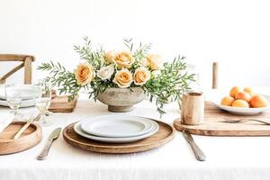 Rustic Table Setting with Flowers and Fruit photo