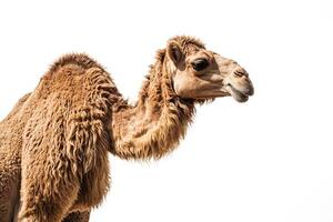 Camel with a Soft, Fuzzy Coat on White Background photo