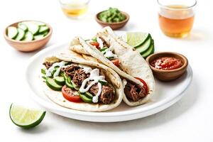 Close-up of Two Tacos with Pulled Pork, Cucumber, Tomato, and Sour Cream on a White Plate photo