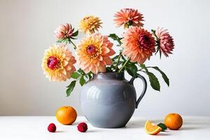 Peach Dahlias in a Gray Vase with Oranges and Raspberries photo