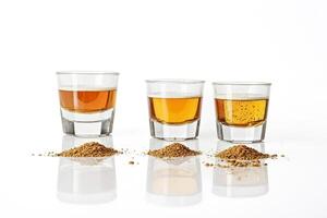 Three Glasses of Beer With a Pile of Malt in Front of Each photo