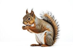 Red squirrel eating a nut on a white background photo