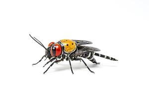 Close-up of a black and yellow wasp with red eyes photo