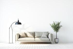 Modern Living Room Interior with White Wall, Sofa and Floor Lamp photo