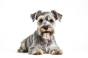 Adorable Miniature Schnauzer Puppy Lying Down and Looking at the Camera photo