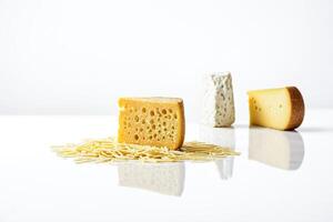 Close-up of three different types of cheese on a white surface photo