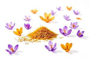 Saffron Crocus Flowers and Spices on White Background photo