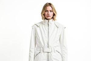 Woman wearing a white jumpsuit with a serious expression photo