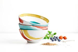 Stack of Colorful Bowls with Blueberries and Powder photo