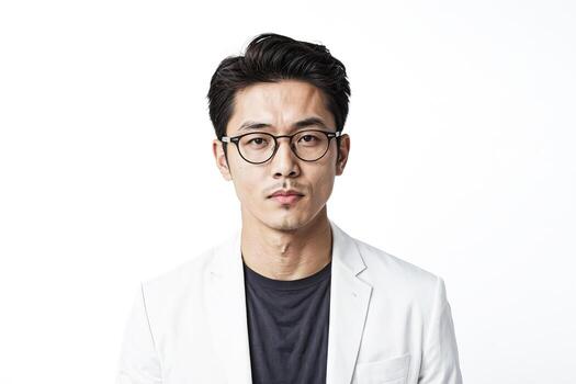 joven hombre vistiendo lentes y un blanco chaqueta de sport foto