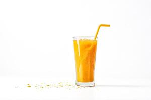 Glass of Orange Juice with Ice and Straw on White Background photo