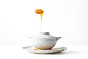 Honey dripping from a slice of orange into a white teapot photo