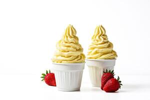 Two Cups of Vanilla Soft Serve Ice Cream with Strawberries photo