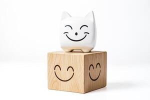 White Ceramic Cat Figurine with Smiling Face on Wooden Block with Smile photo